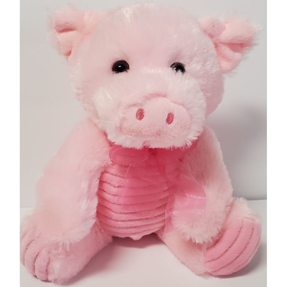 Dan Dee Pink Pig Stuffed w/Bow Plush Animal Pig Ribbed Curly Tail Super Soft Fur